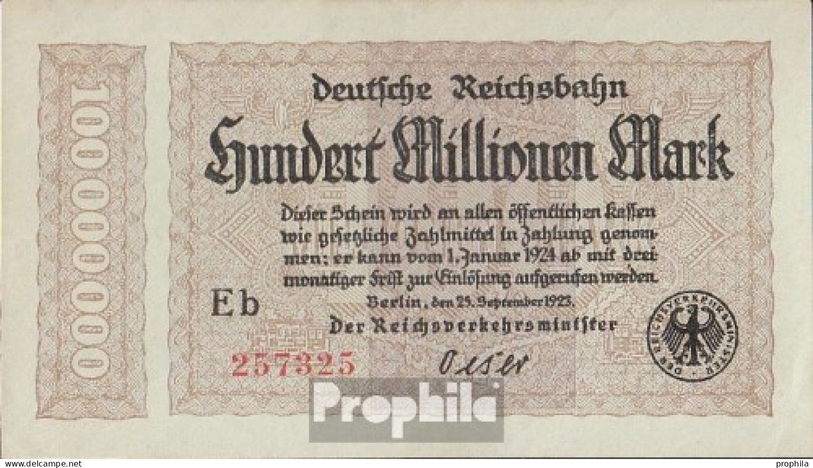 Berlin Pick-Nr: S1017a Inflationsgeld Der Deutschen Reichsbahn Berlin Gebraucht (III) 1923 100 Millionen Mark - 100 Mio. Mark