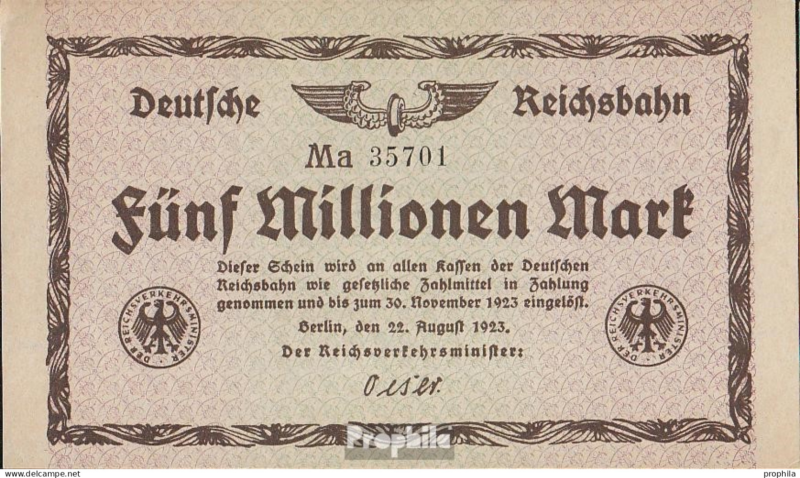 Berlin Pick-Nr: S1013a Inflationsgeld Der Deutschen Reichsbahn Berlin Gebraucht (III) 1923 5 Millionen Mark - 5 Millionen Mark