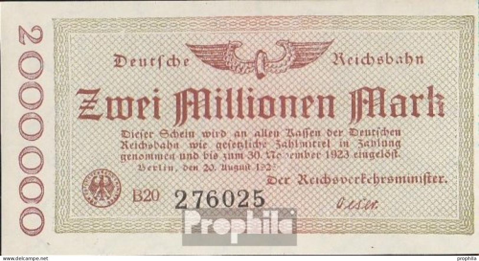 Berlin Pick-Nr: S1012b Inflationsgeld Der Deutschen Reichsbahn Berlin Gebraucht (III) 1923 2 Millionen Mark - 2 Mio. Mark