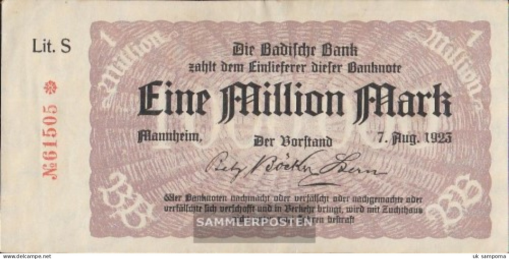 Baden Rosenbg: BAD11a, Länderbanknote Baden, KN 5-stellig Used (III) 1923 1 Million. Mark - 1 Mio. Mark