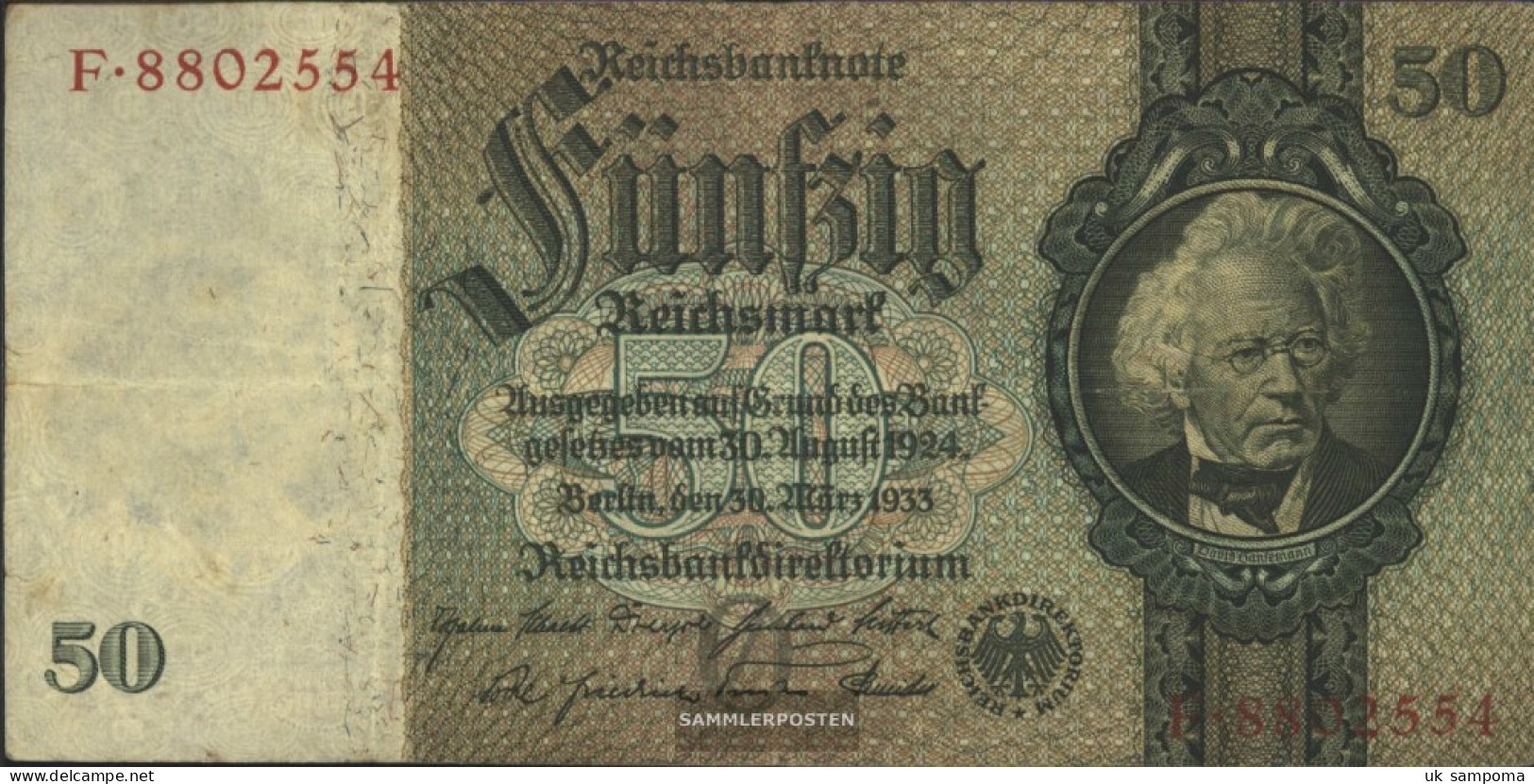 German Empire Rosenbg: 175a, Udr.-Bst.: O, Series: A-P, KN 7-stellig Used (III) 1933 50 Reichsmark - 50 Reichsmark