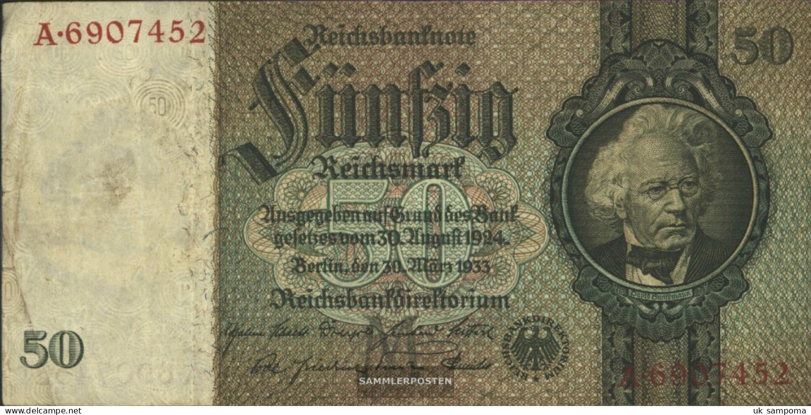 German Empire Rosenbg: 175a, Udr.-Bst.: M, Series: A-P, KN 7-stellig Used (III) 1933 50 Reichsmark - 50 Reichsmark