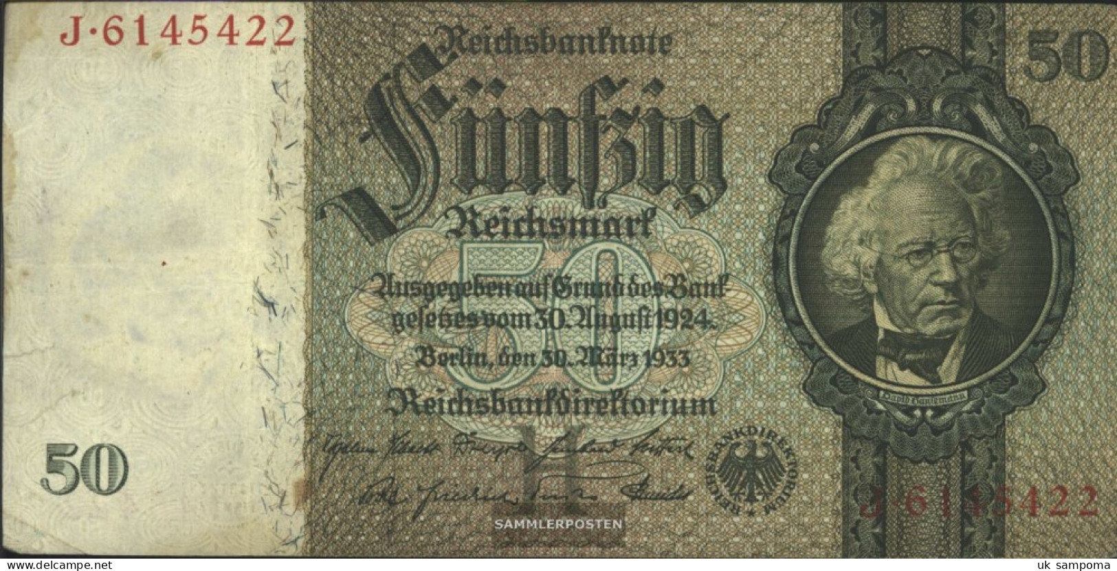 German Empire Rosenbg: 175a, Udr.-Bst.: H, Series: A-P, KN 7-stellig Used (III) 1933 50 Reichsmark - 50 Reichsmark