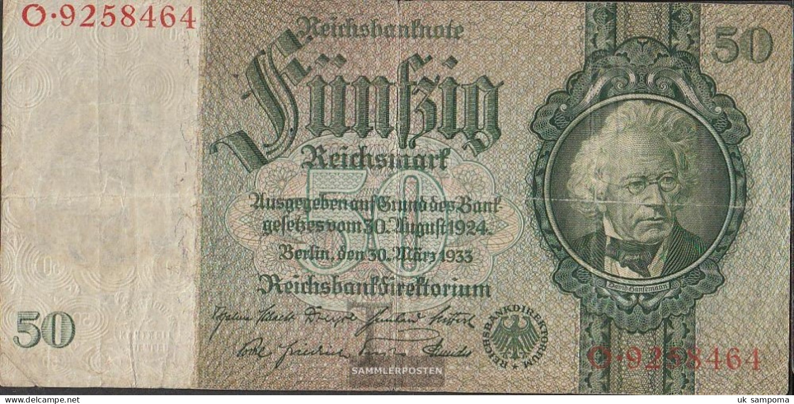 German Empire Rosenbg: 175a, Udr.-Bst.: B, Series: A-P, KN 7-stellig Used (III) 1933 50 Reichsmark - 50 Reichsmark