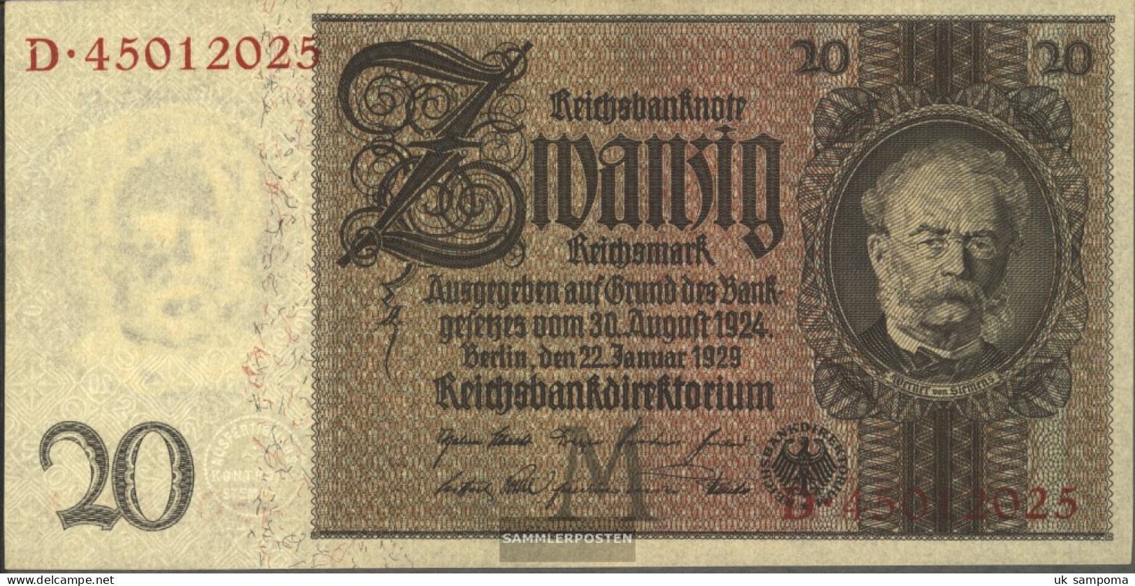 German Empire Rosenbg: 174b, Udr.-Bst. M, Series: B-G, Zwischenform Used (III) 1929 20 Reichsmark - 20 Mark