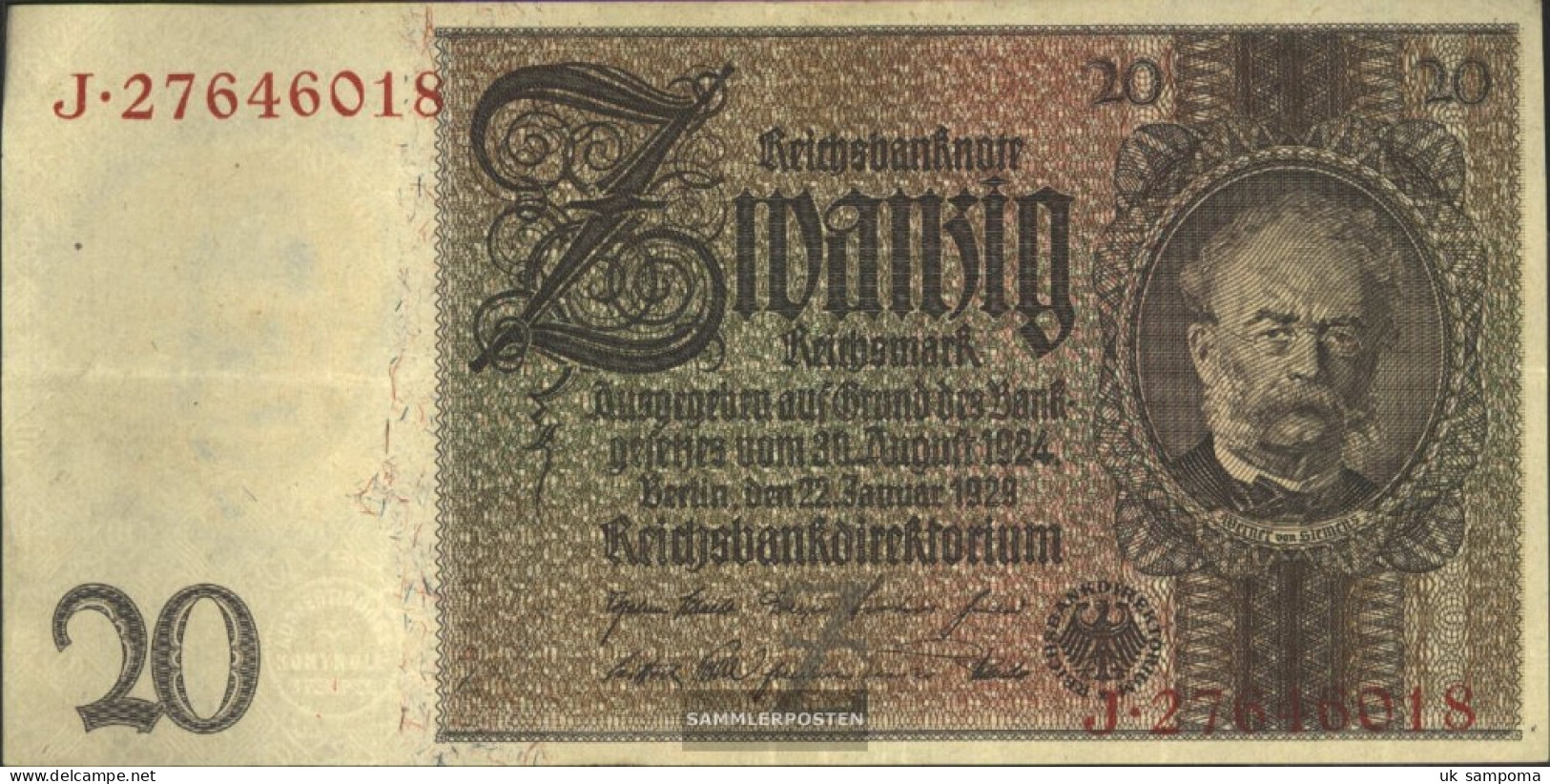 German Empire Rosenbg: 174a, Udr.-Bst.: Z, Series: F-K Used (III) 1929 20 Reichsmark - 20 Mark