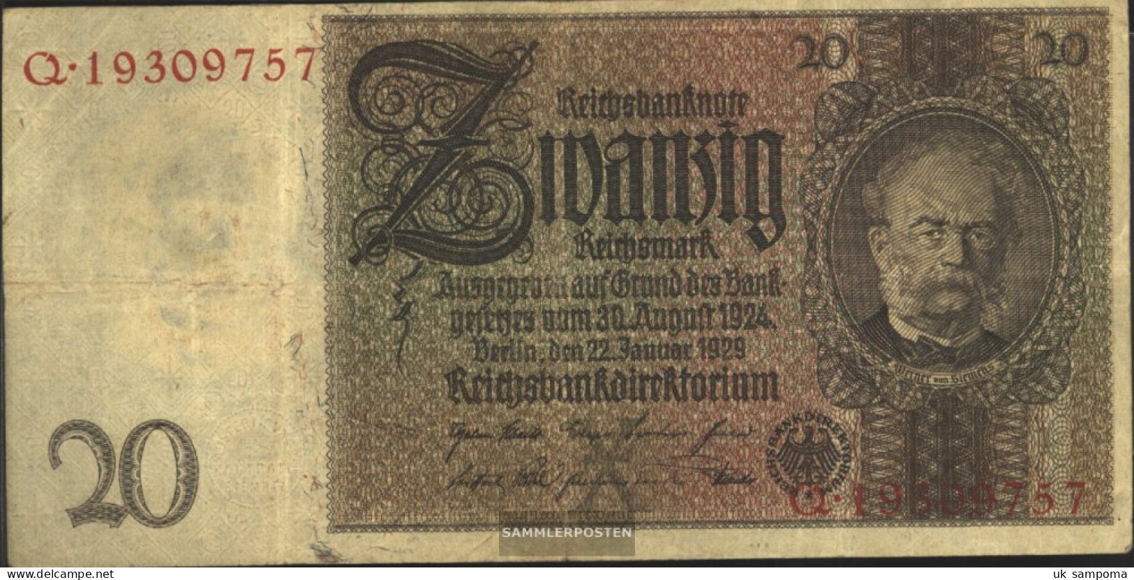 German Empire Rosenbg: 174a, Udr.-Bst.: X, Series: Q-U Used (III) 1929 20 Reichsmark - 20 Mark