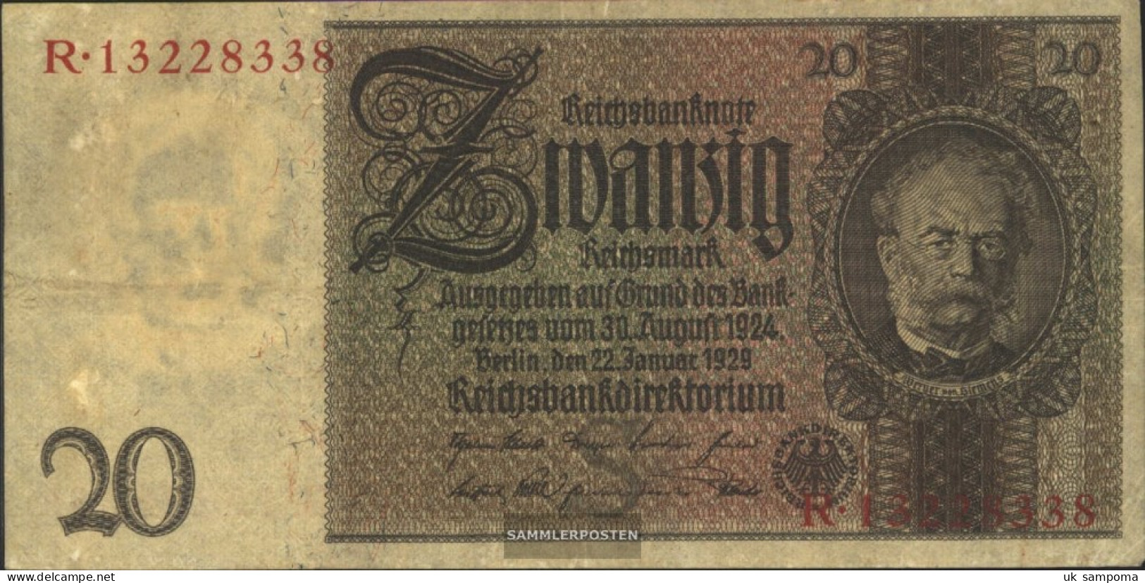German Empire Rosenbg: 174a, Udr.-Bst.: S, Series: L-P Used (III) 1929 20 Reichsmark - 20 Mark