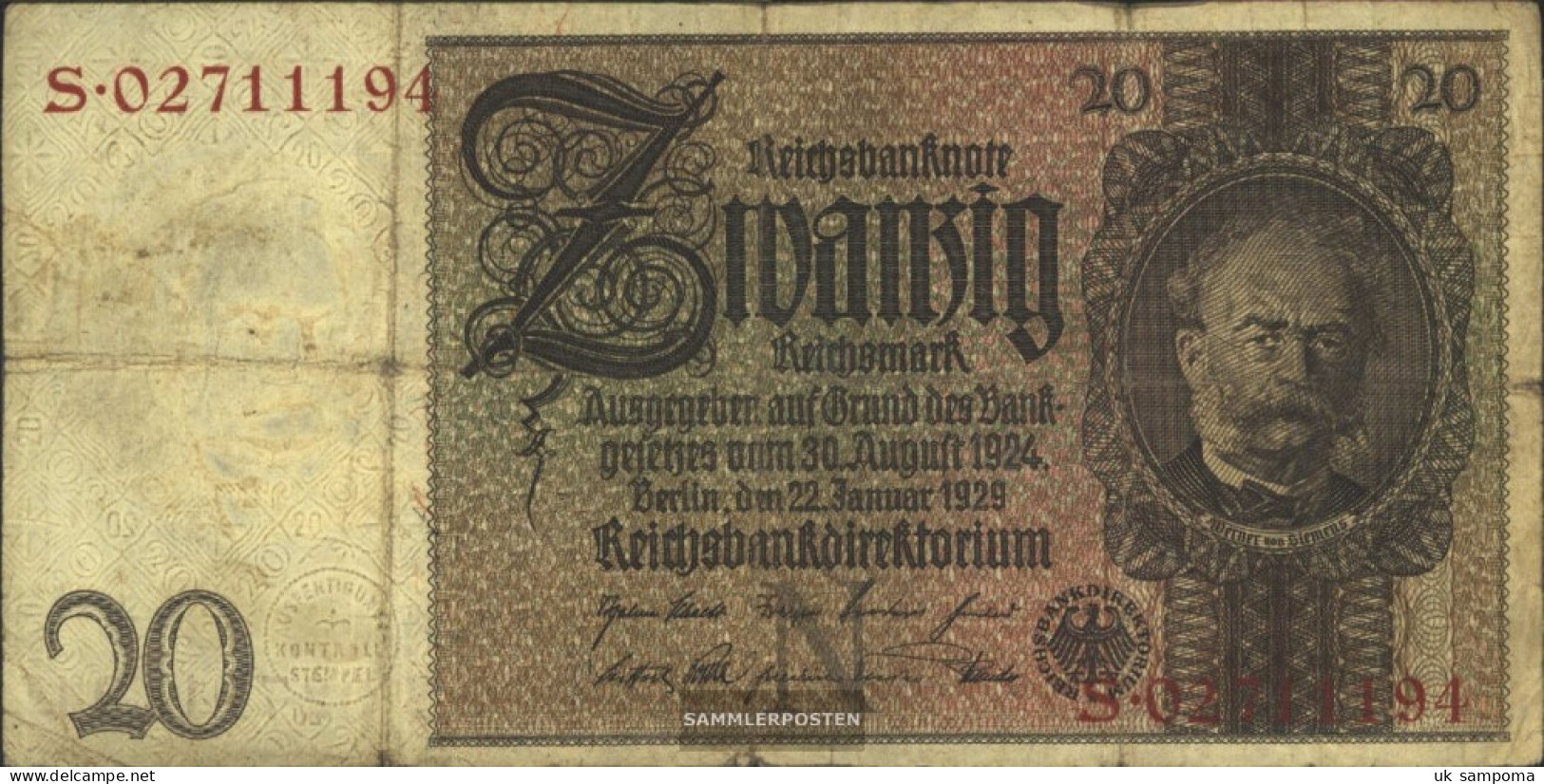 German Empire Rosenbg: 174a, Udr.-Bst.: N, Series: Q-U Used (III) 1929 20 Reichsmark - 20 Mark