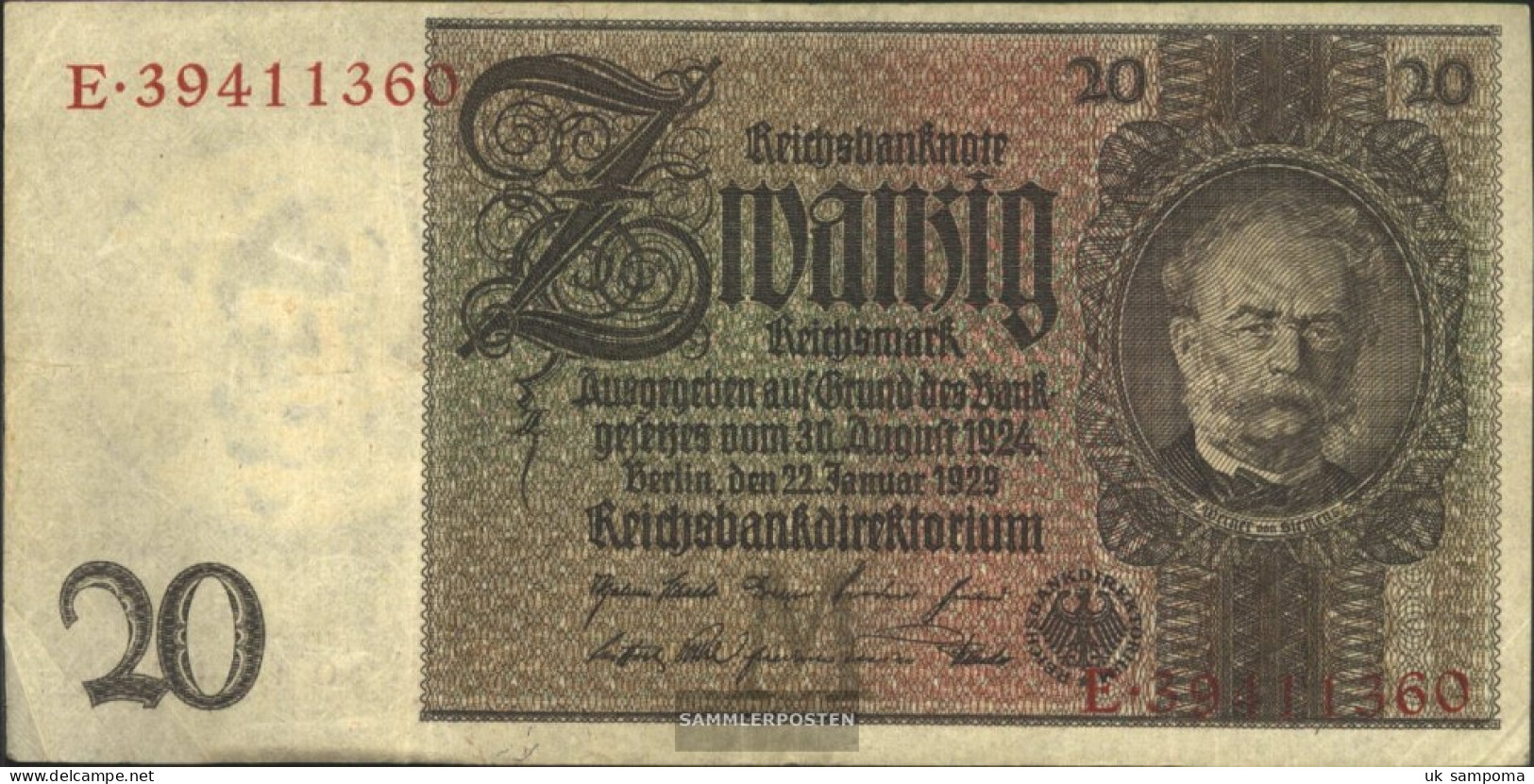 German Empire Rosenbg: 174a, Udr.-Bst.: M, Series: B-G Used (III) 1929 20 Reichsmark - 20 Mark