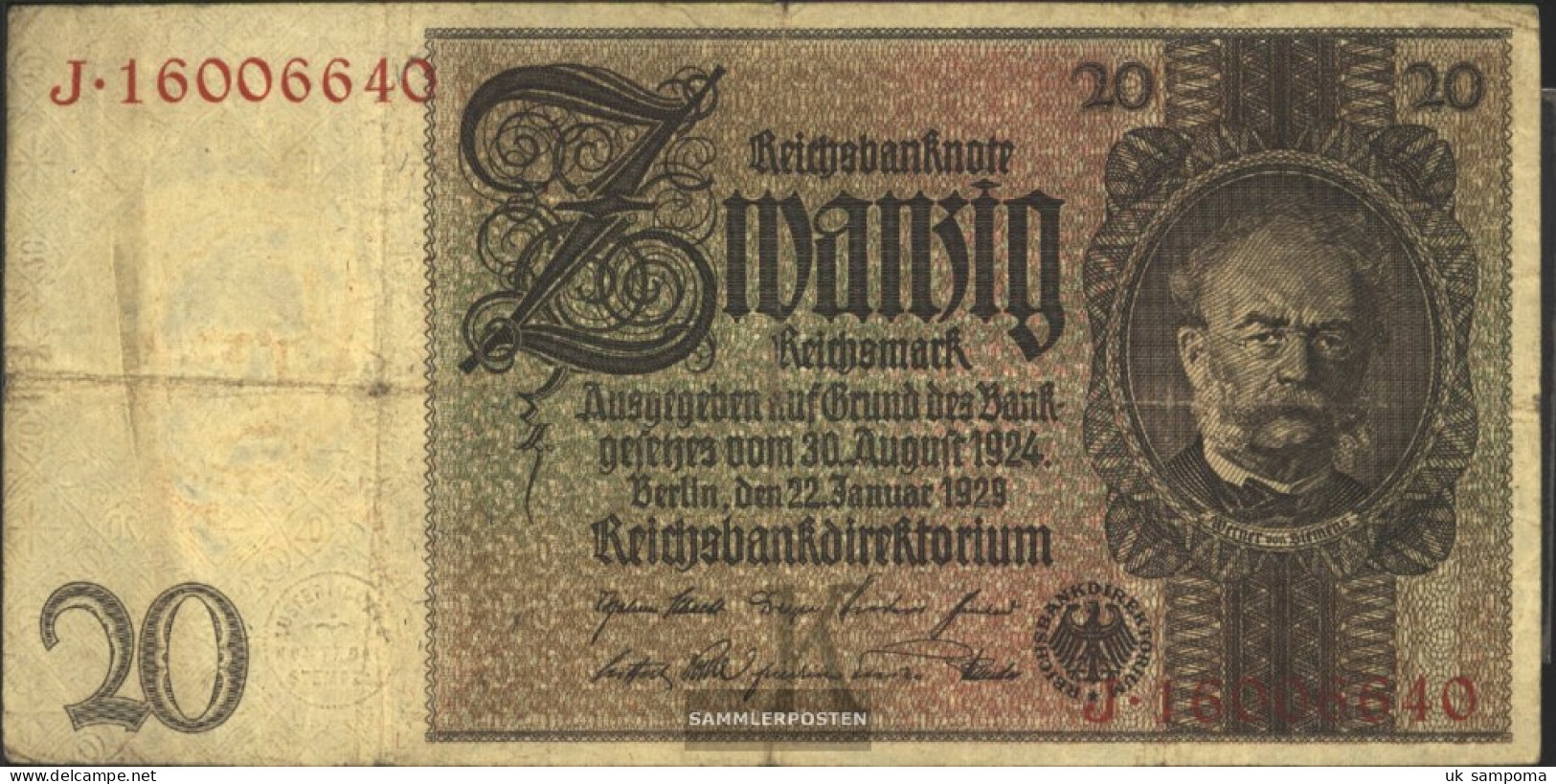 German Empire Rosenbg: 174a, Udr.-Bst.: K, Series: F-K Used (III) 1929 20 Reichsmark - 20 Mark