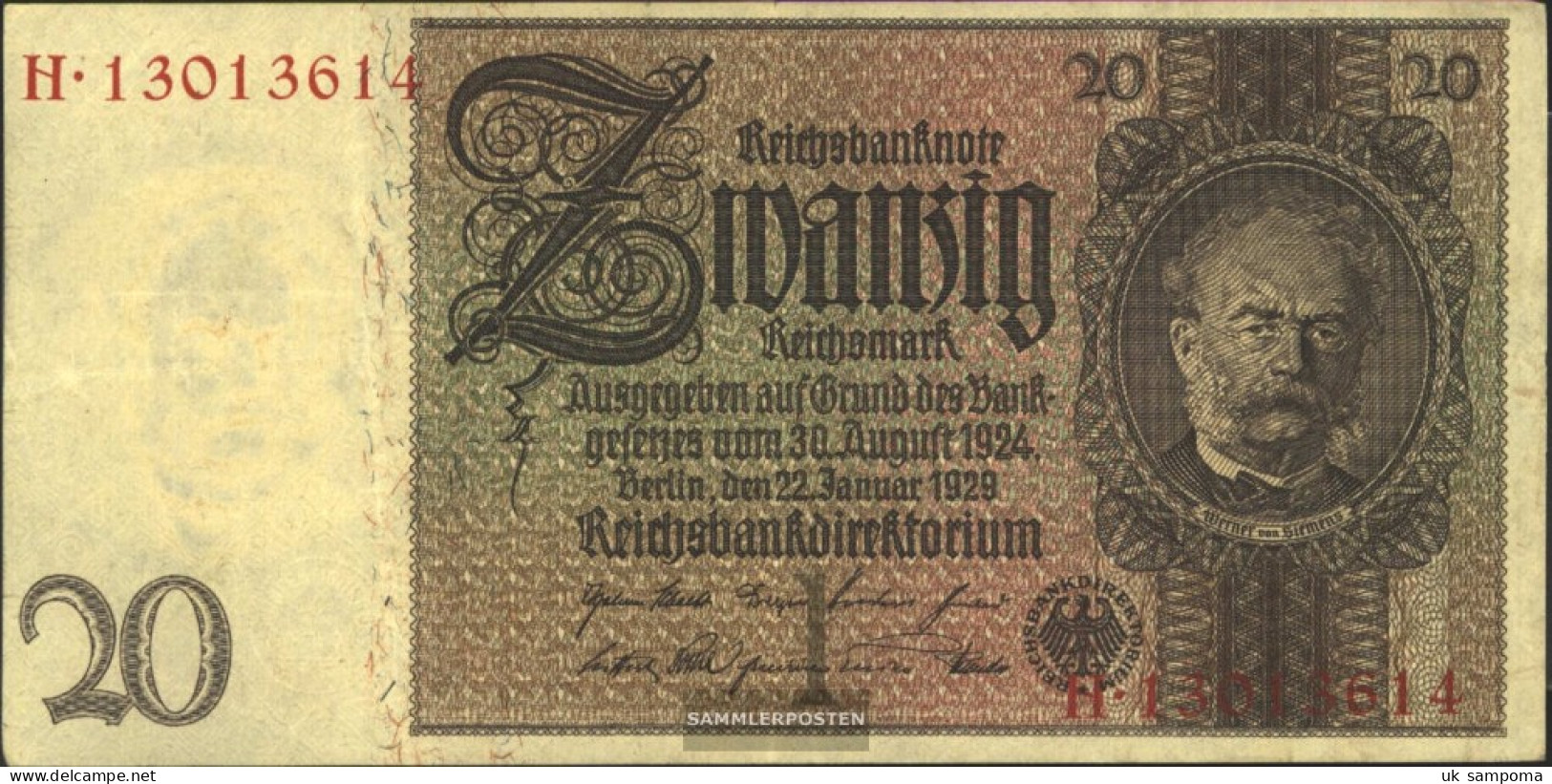 German Empire Rosenbg: 174a, Udr.-Bst.: I, Series: F-K Used (III) 1929 20 Reichsmark - 20 Mark