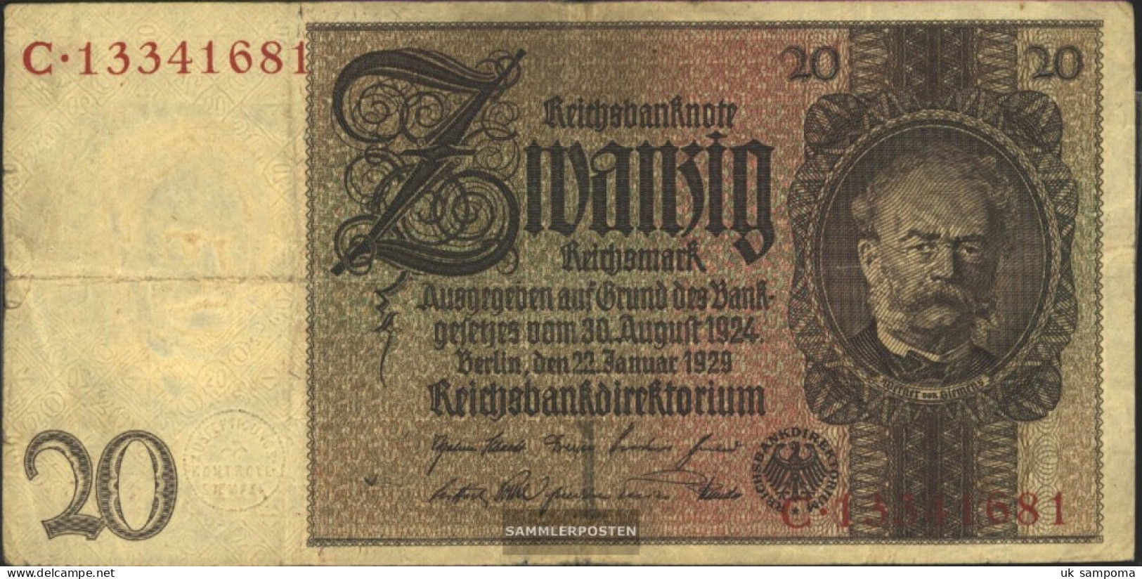 German Empire Rosenbg: 174a, Udr.-Bst.: I, Series: A-E Used (III) 1929 20 Reichsmark - 20 Mark