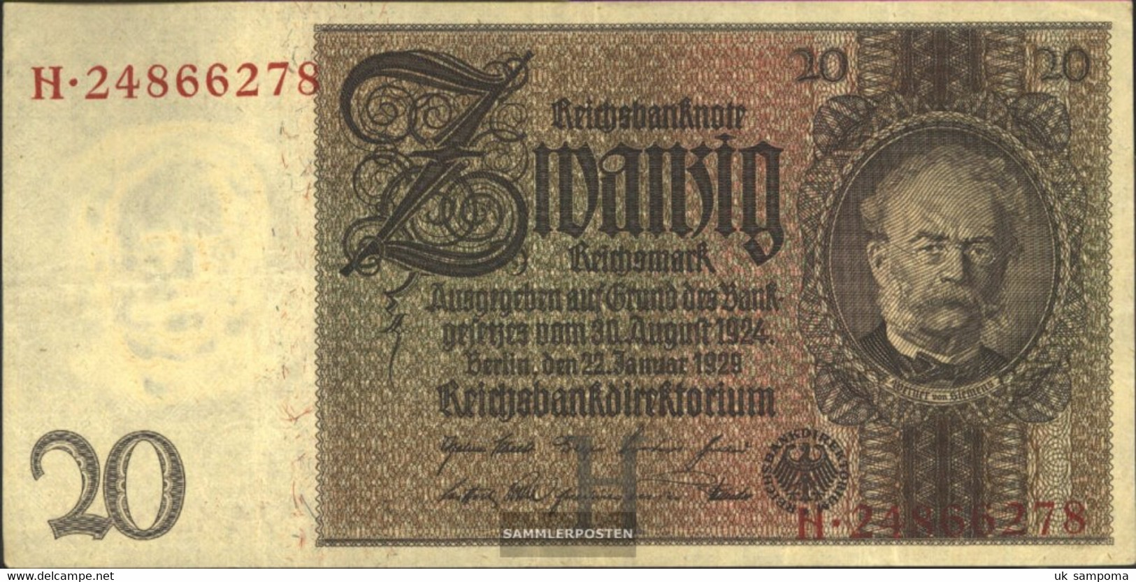 German Empire Rosenbg: 174a, Udr.-Bst.: H, Series: F-K Used (III) 1929 20 Reichsmark - 20 Mark