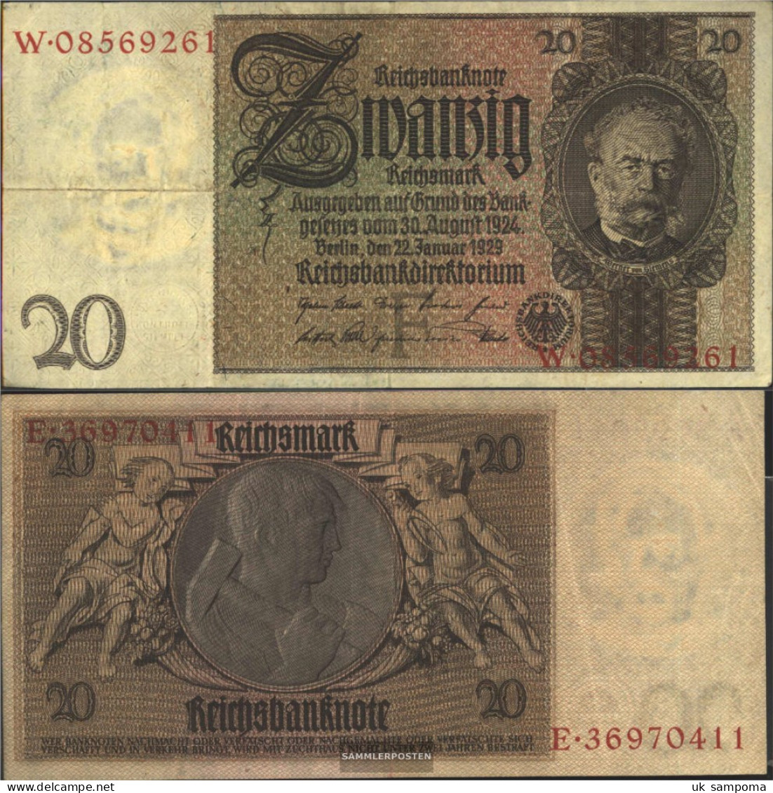 German Empire Rosenbg: 174a, Udr.-Bst.: F, Series: V-z Used (III) 1929 20 Reichsmark - 20 Mark
