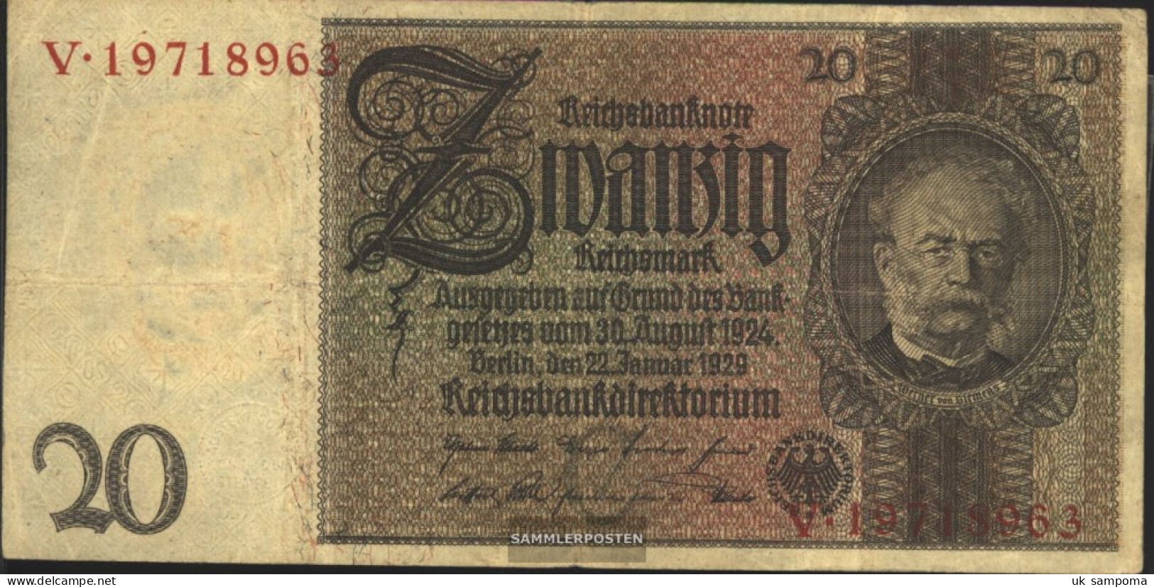 German Empire Rosenbg: 174a, Udr.-Bst.: C, Series: V-z Used (III) 1929 20 Reichsmark - 20 Mark