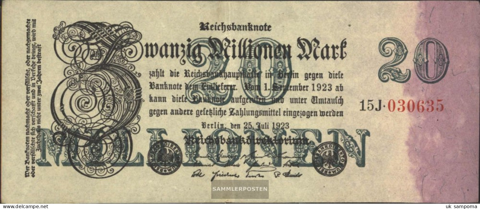 German Empire Rosenbg: 96c, Privatfirmendruck, 6stellige Kontroll-number. FZ + BZ Black Used (III) 1923 20 Million. Mark - 20 Mio. Mark