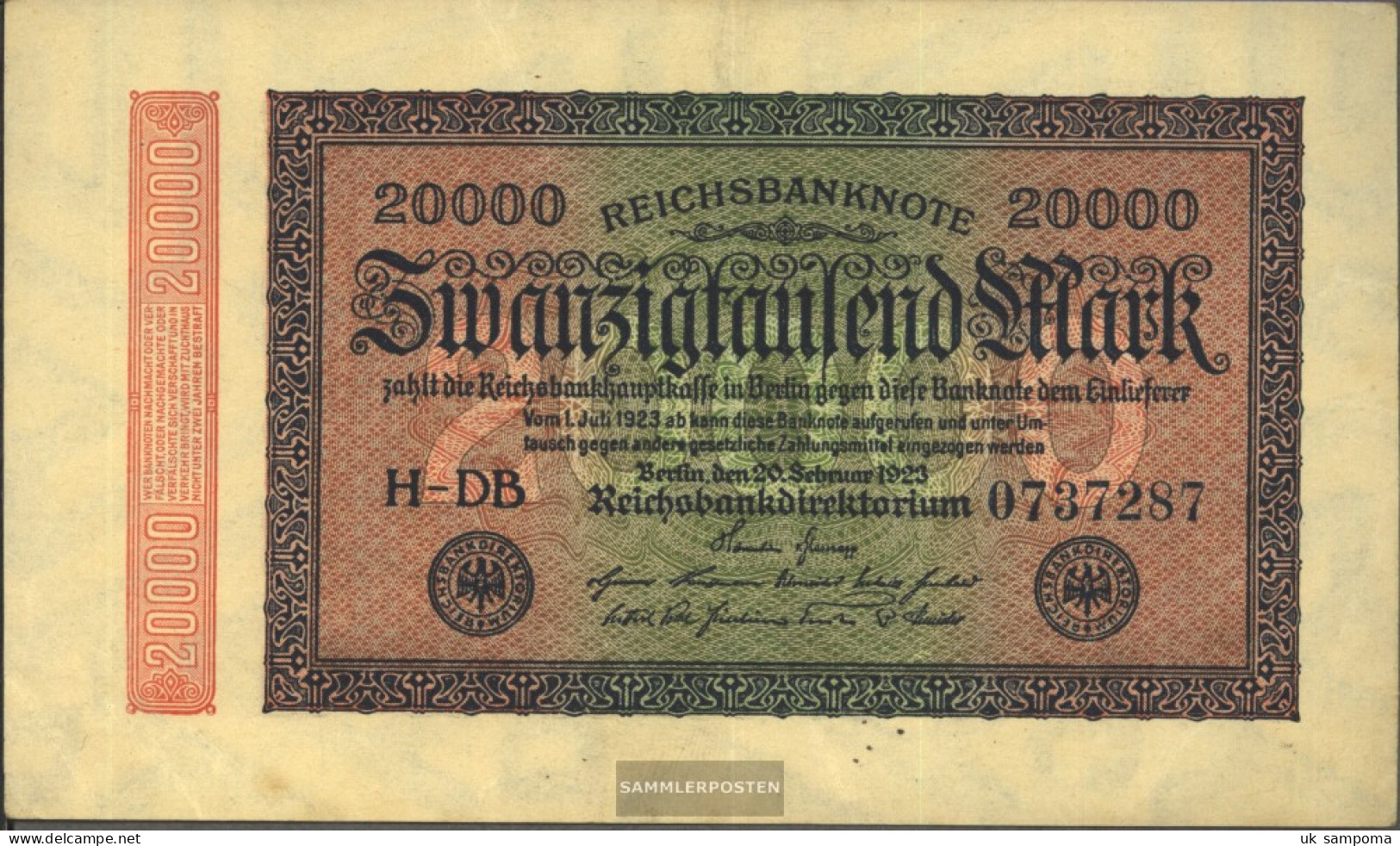 German Empire Rosenbg: 84f, Watermark Hakensterne 7stellige Kontrollnummer Used (III) 1923 20.000 Mark - 20.000 Mark