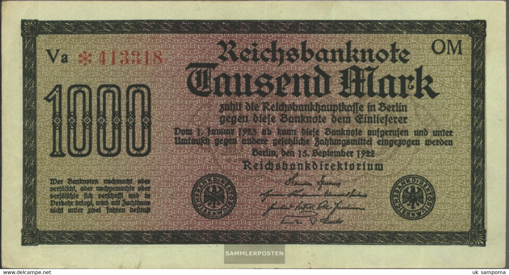 German Empire Rosenbg: 75q, Watermark Shaft 6stellige Kontrollnummer Used (III) 1922 1.000 Mark - 1000 Mark