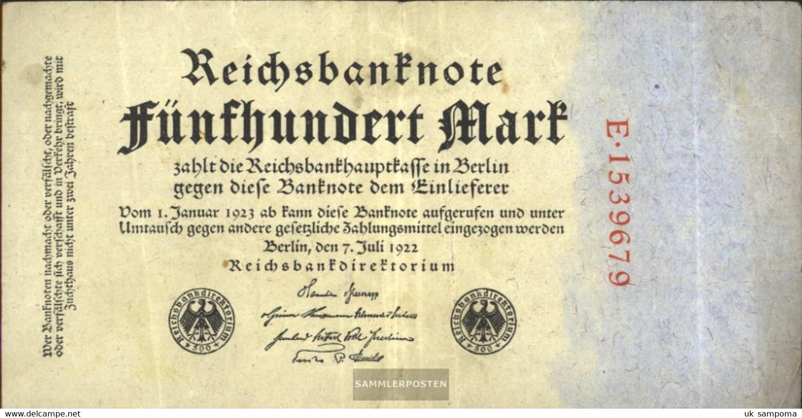 German Empire Rosenbg: 71a, Einlösetermin 1.1.1923, Red Kontrollnummer Used (III) 1922 500 Mark - 500 Mark