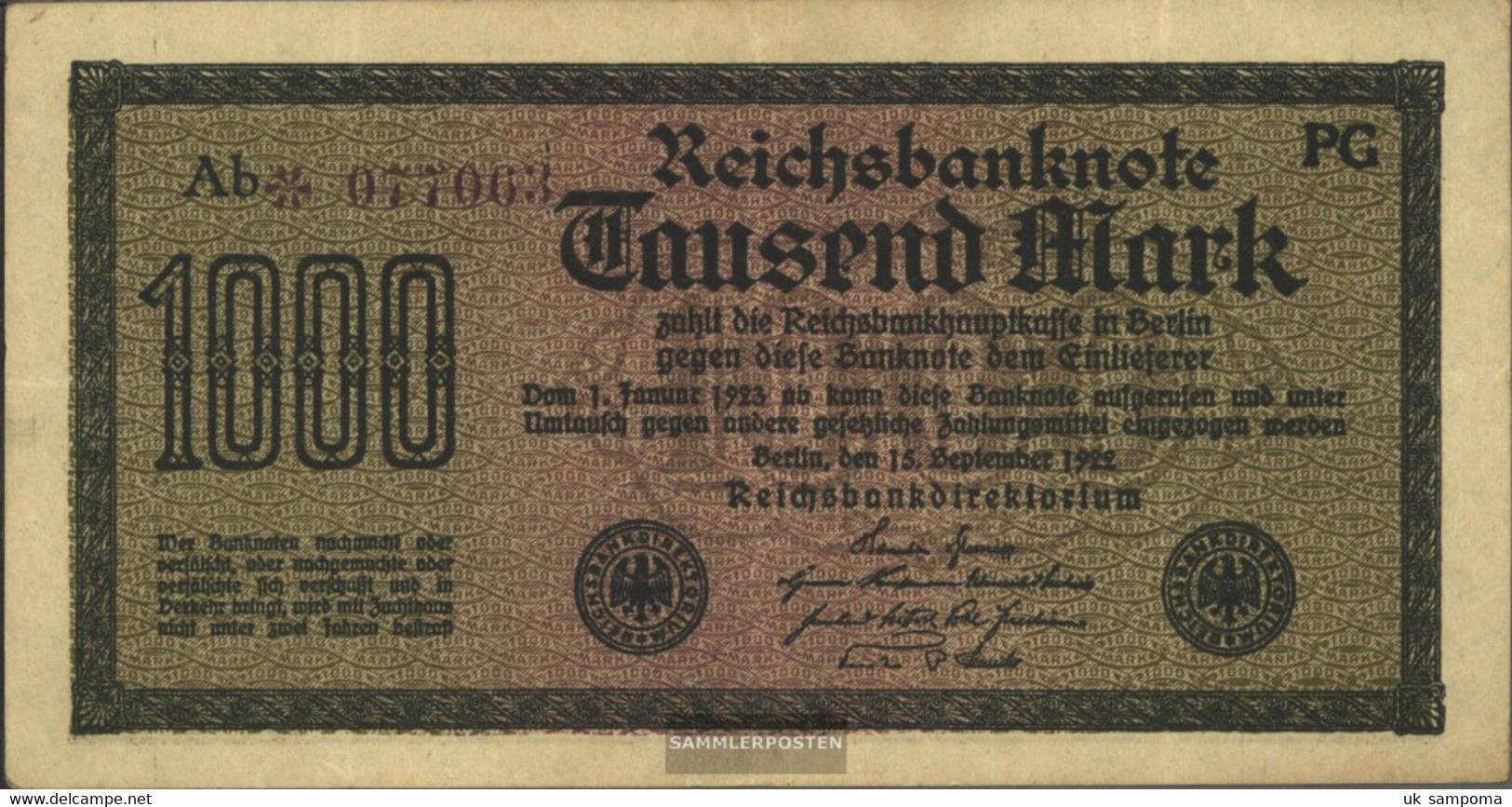 German Empire Rosenbg: 75k, Watermark Cabbage 6stellige Kontrollnummer Used (III) 1922 1.000 Mark - 1.000 Mark