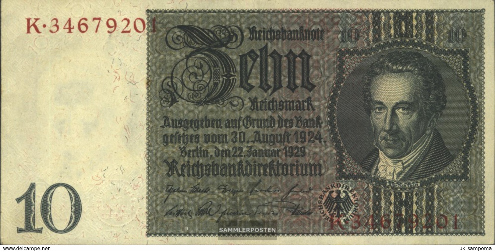 German Empire Rosenbg: 173b, Udr.-Bst. K ,G-M, WZ. Thaer Used (III) 1929 10 Reichsmark - 10 Mark