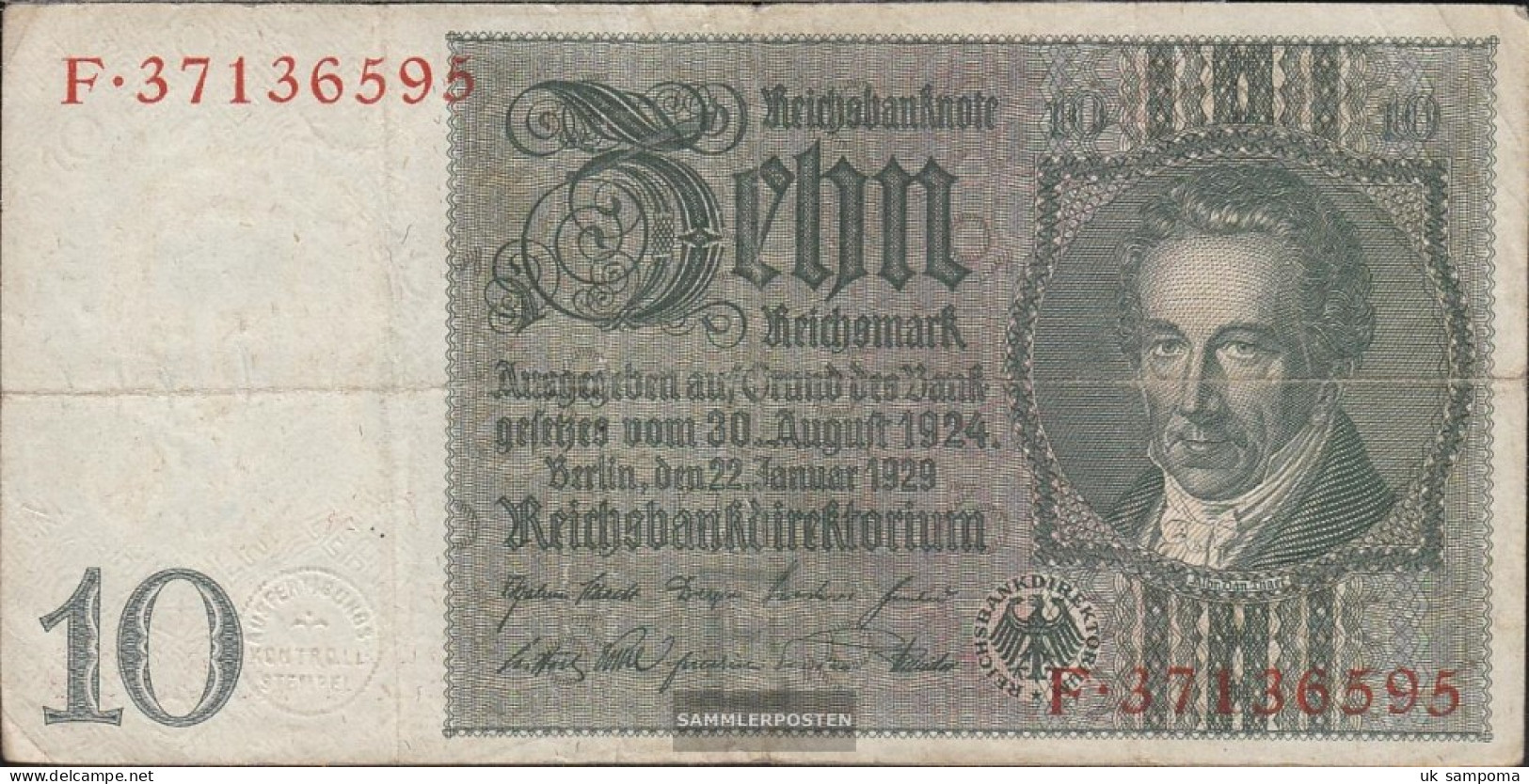 German Empire Rosenbg: 173b, Udr.- Bst. E, Series: A-F, WZ. Thaer Used (III) 1929 10 Reichsmark - 10 Mark