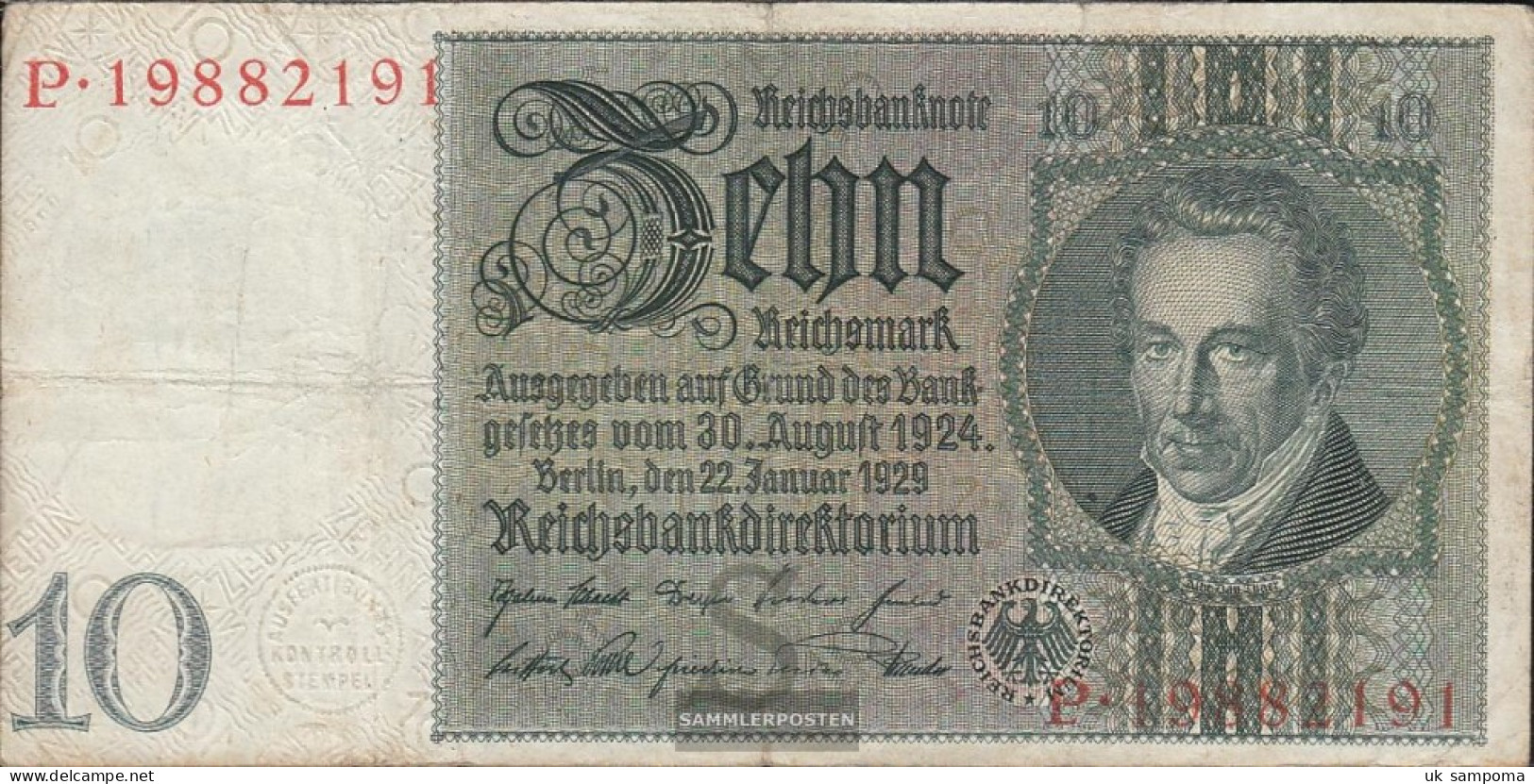 German Empire Rosenbg: 173a Udr.- Bst. S, Series: N-S, WZ. Thaer Used (III) 1929 10 Reichsmark - 10 Mark