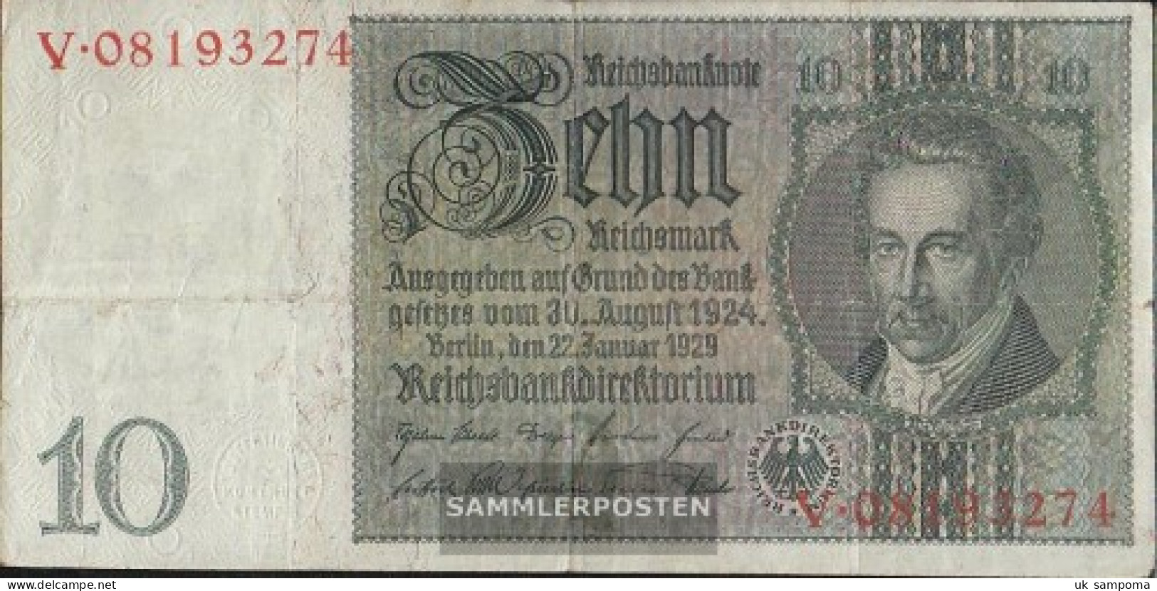 German Empire Rosenbg: 173a Udr.- Bst. Q, Series: R-y, WZ. Thaer Used (III) 1929 10 Reichsmark - 10 Mark