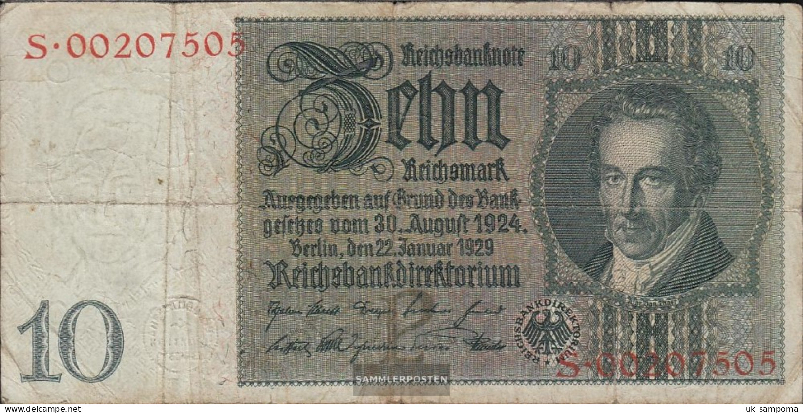 German Empire Rosenbg: 173a Udr.- Bst. P, Series: R-y, WZ. Thaer Used (III) 1929 10 Reichsmark - 10 Mark