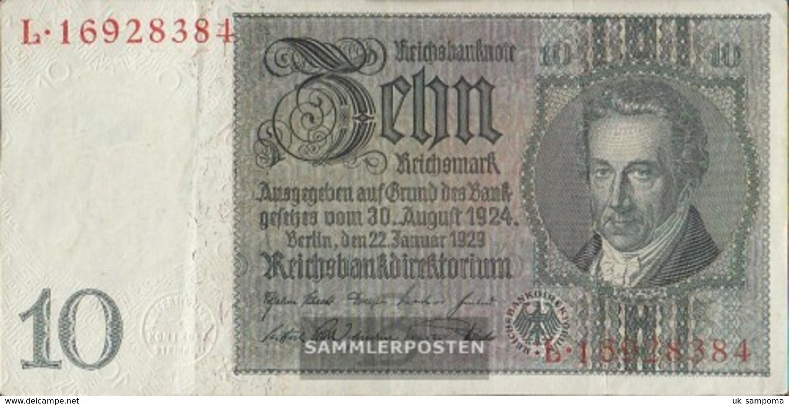 German Empire Rosenbg: 173a Udr.- Bst. B, Series: G-M, WZ. Thaer Used (III) 1929 10 Reichsmark - 10 Mark