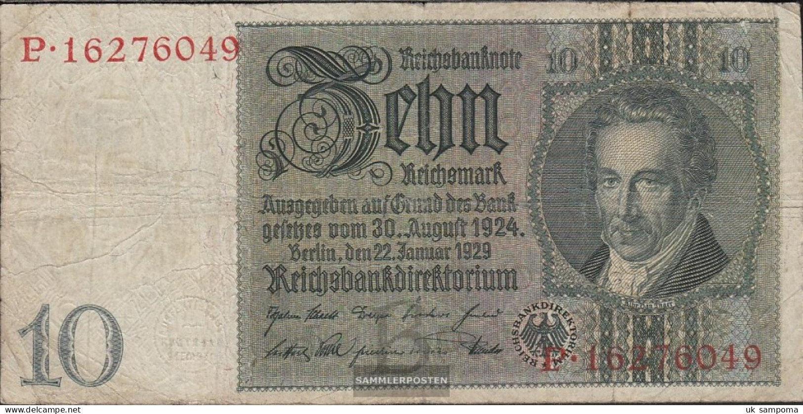 German Empire Rosenbg: 173a Udr.- Bst. B, Series: N-S, WZ. Thaer Used (III) 1929 10 Reichsmark - 10 Mark