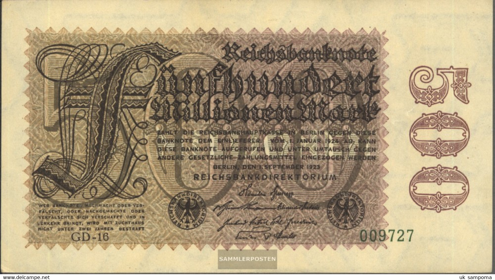 German Empire Rosenbg: 109d, Watermark Hakensterne 6stellige Kontrollnummer Used (III) 1923 500 Million Mark - 500 Millionen Mark