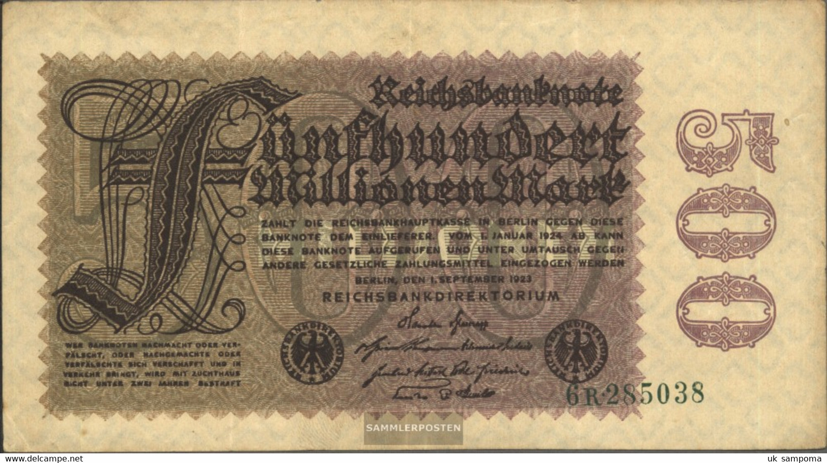 German Empire Rosenbg: 109b, Privatfirmendruck Watermark Cabbage Used (III) 1923 500 Million Mark - 500 Millionen Mark
