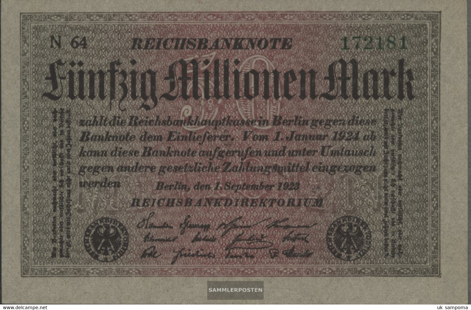 German Empire Rosenbg: 108c, Watermark Cabbage, Green Kontrollnummer Used (III) 1923 50 Million Mark - 50 Miljoen Mark