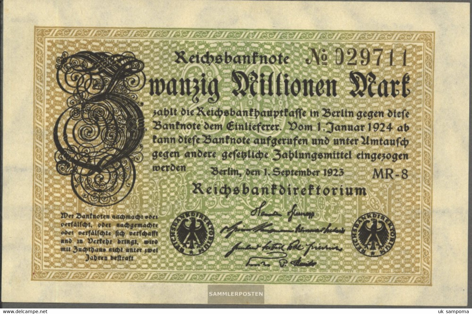 German Empire Rosenbg: 107e, Watermark Hakensterne 6stellige Kontrollnummer Used (III) 1923 20 Million Mark - 20 Millionen Mark