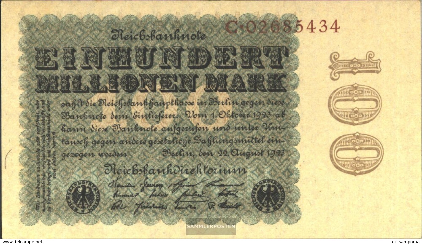 German Empire Rosenbg: 106b, Empire Printing Watermark Cabbage Used (III) 1923 100 Million. Mark - 100 Miljoen Mark