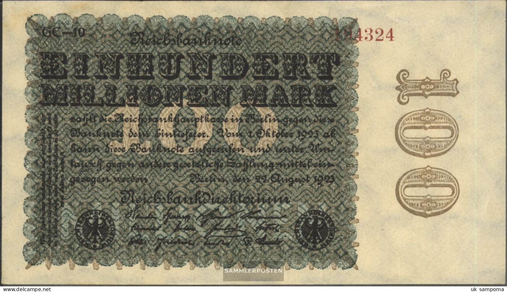 German Empire Rosenbg: 106u, Watermark Stars With S Used (III) 1923 100 Million Mark - 100 Millionen Mark