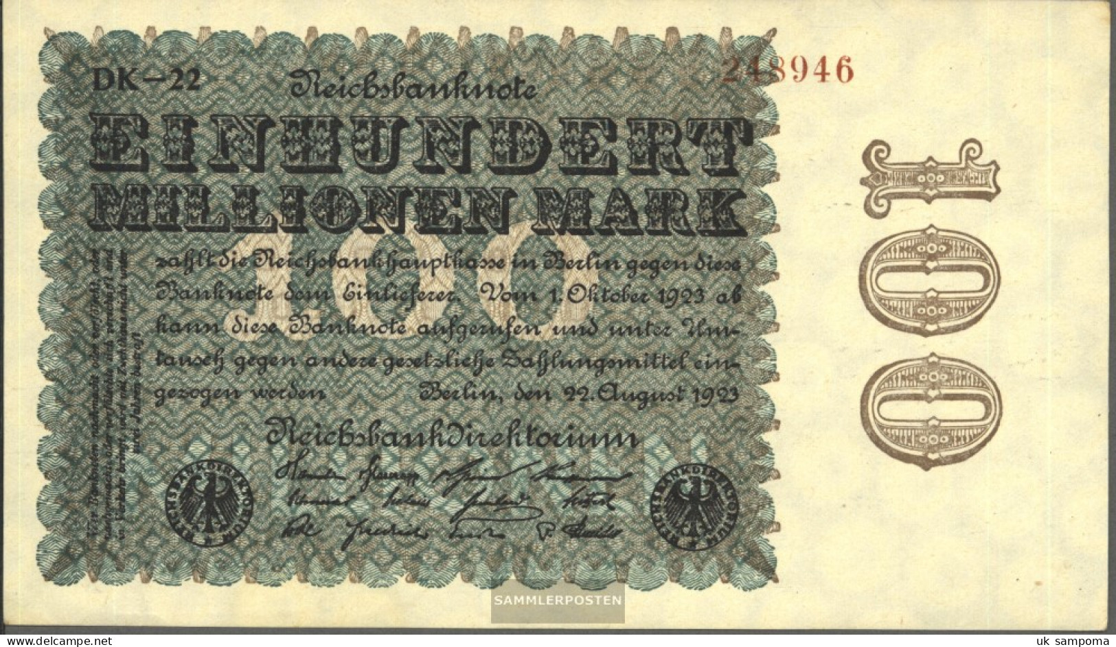 German Empire Rosenbg: 106q, Watermark Rings Black Firmenzeichen Used (III) 1923 100 Million Mark - 100 Millionen Mark
