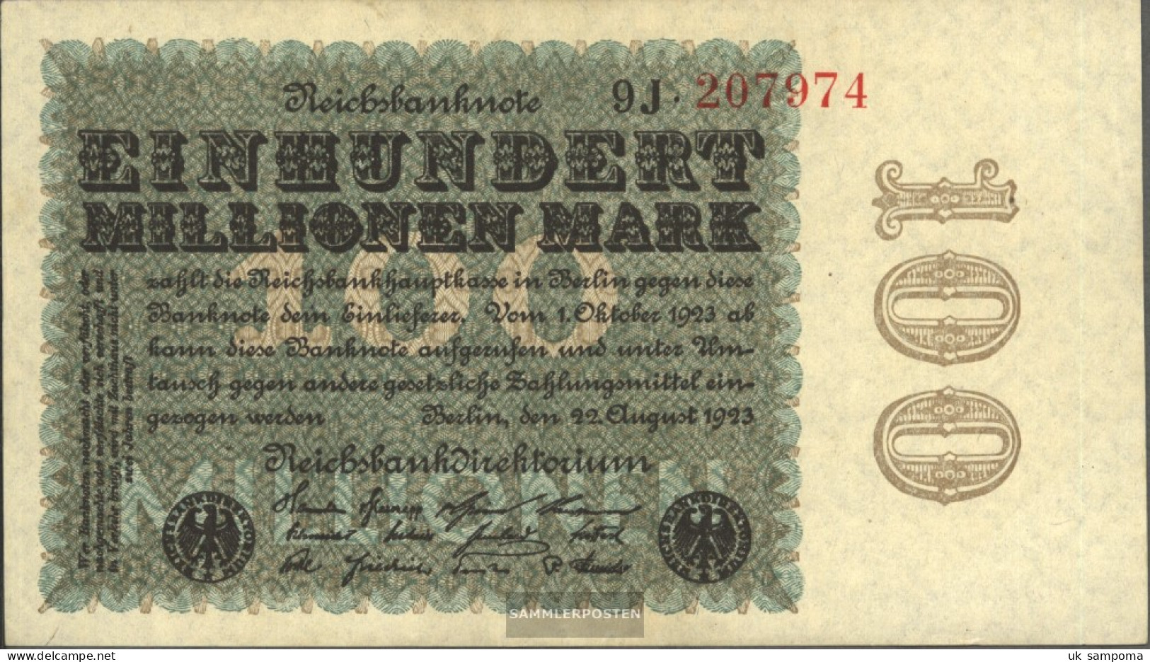 German Empire Rosenbg: 106h, WZ. Cabbage Red KN Black Firmenzeichen Used (III) 1923 100 Million Mark - 100 Miljoen Mark