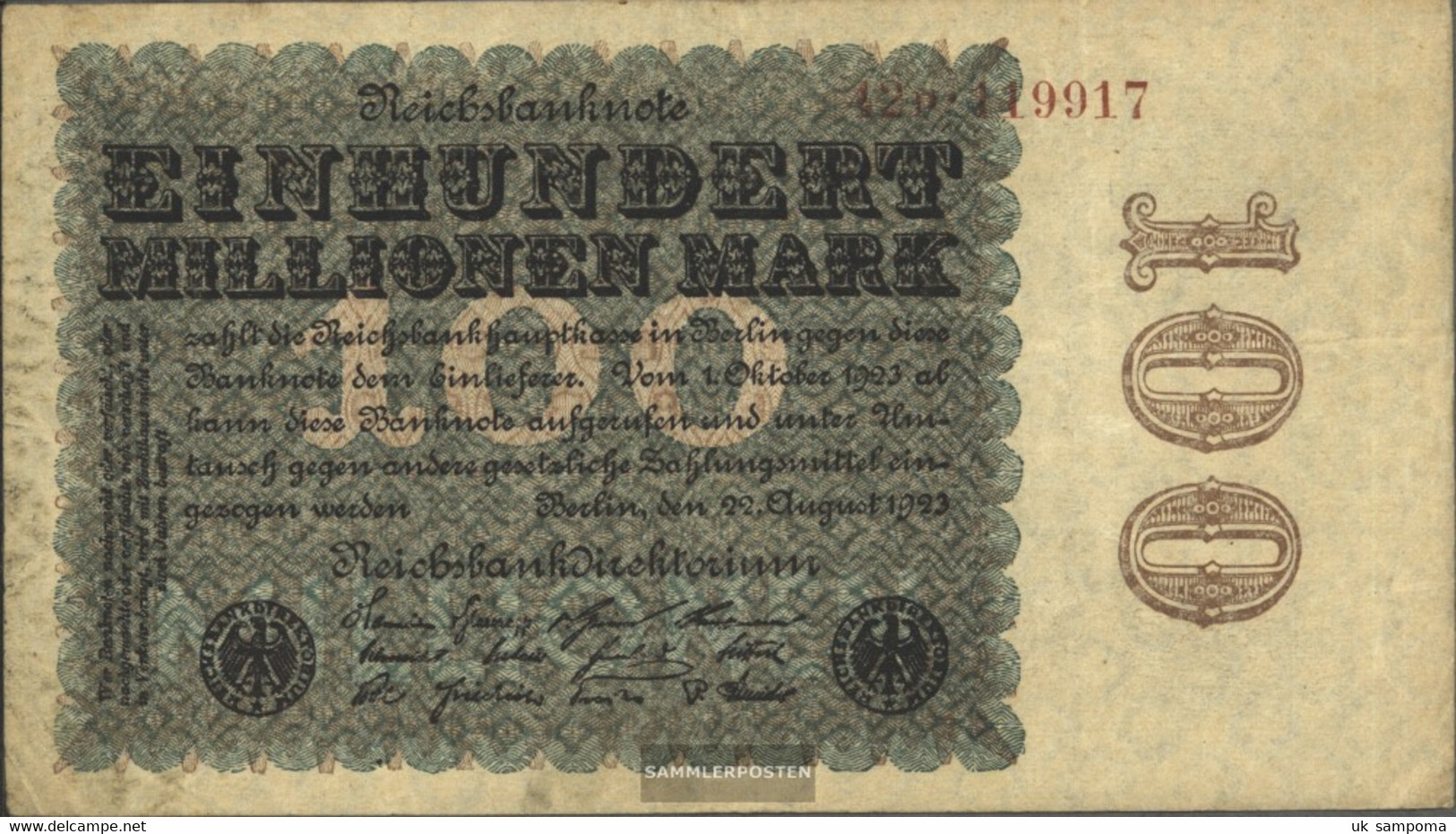 German Empire Rosenbg: 106e, Watermark Cabbage 6stellige KN Brown Used (III) 1923 100 Million Mark - 100 Miljoen Mark