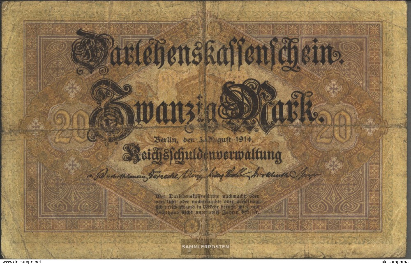 German Empire Rosenbg: 49a, 6stellige Kontrollnummer Used (III) 1914 20 Mark - 20 Mark