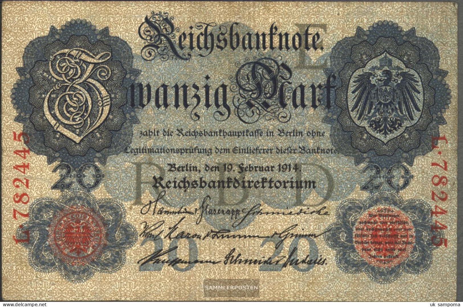 German Empire Rosenbg: 47a, 6stellige Kontrollnummer Used (III) 1914 20 Mark - 20 Mark