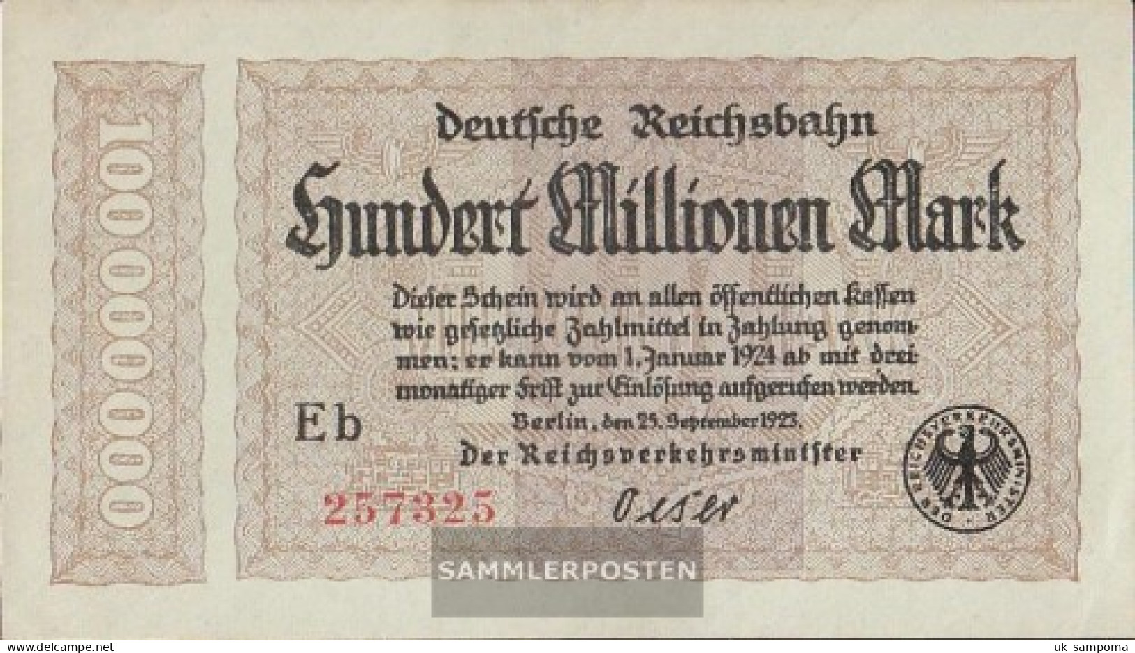 Berlin Pick-number: S1017a Inflationsgeld The German Reichsbahn Berlin Used (III) 1923 100 Million Mark - 100 Miljoen Mark