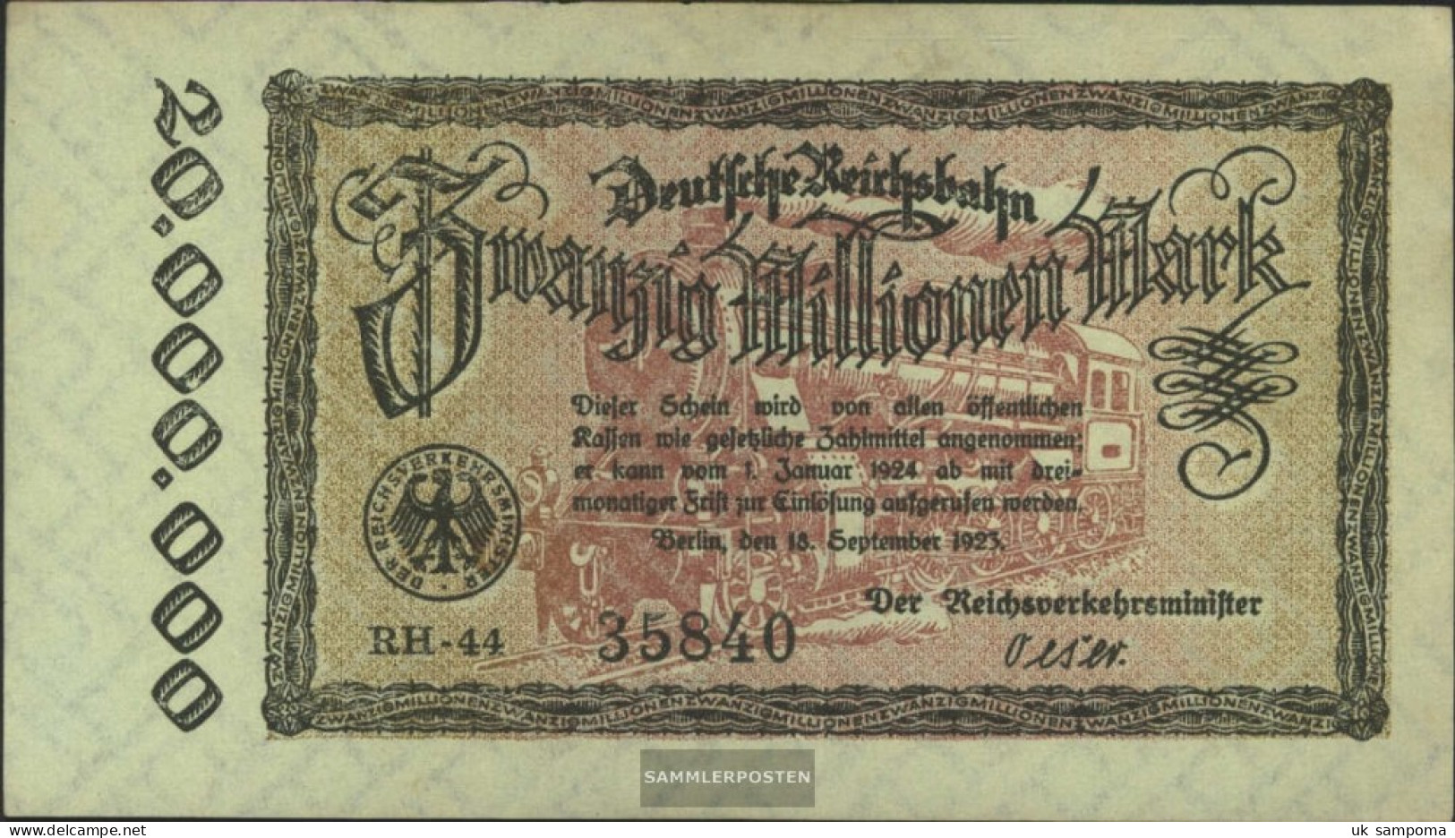 Berlin Pick-number: S1015 Inflationsgeld The German Reichsbahn Berlin Used (III) 1923 20 Million Mark - 20 Miljoen Mark
