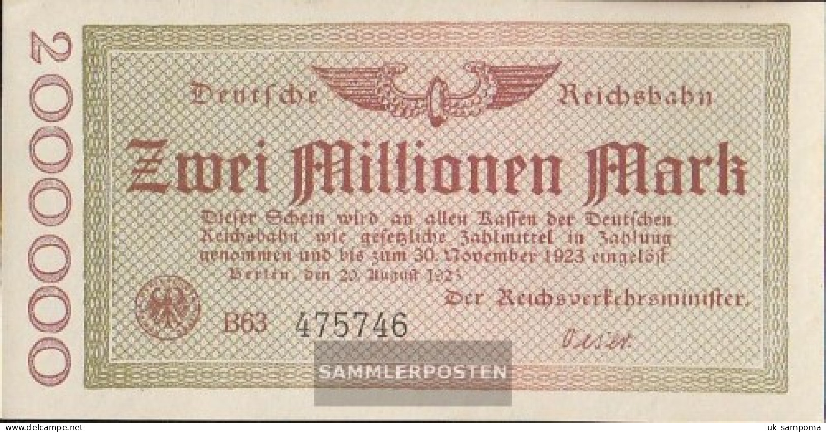 Berlin Pick-number: S1012a Inflationsgeld The German Reichsbahn Berlin Used (III) 1923 2 Million Mark - 2 Miljoen Mark