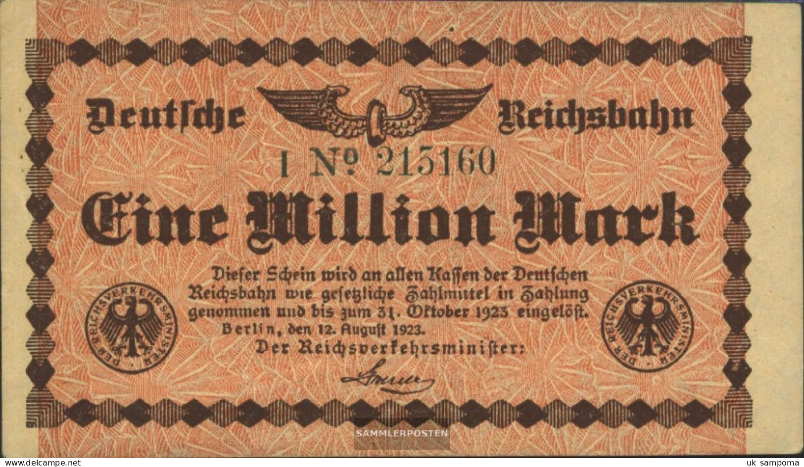 Berlin Pick-number: S1011 Inflationsgeld The German Reichsbahn Berlin Used (III) 1923 1 Million Mark - 1 Million Mark