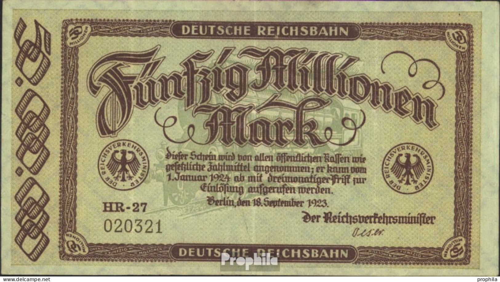 Berlin Pick-Nr: S1016 Inflationsgeld Der Deutschen Reichsbahn Berlin Gebraucht (III) 1923 50 Millionen Mark - 50 Miljoen Mark