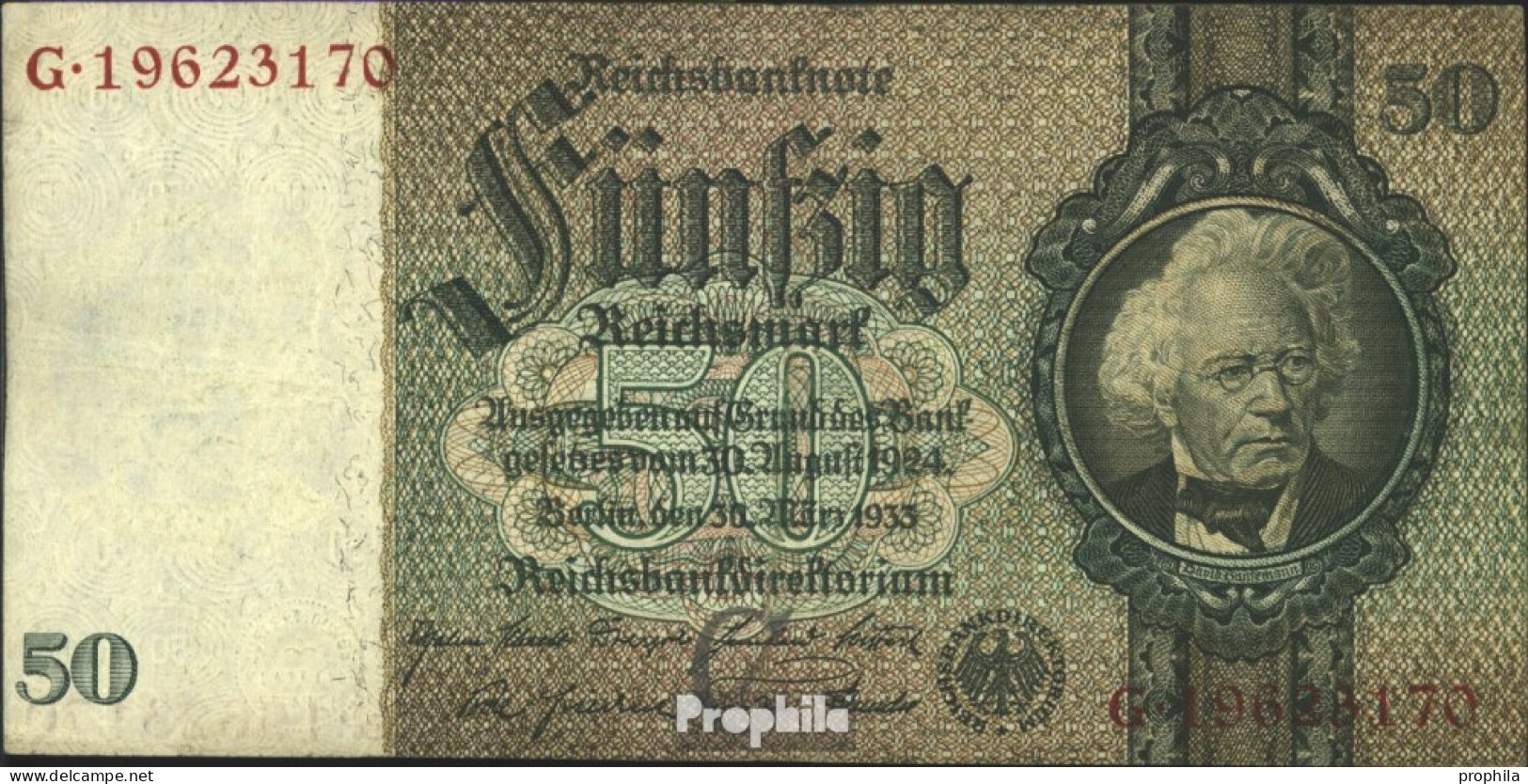 Deutsches Reich Rosenbg: 175b, Udr.-Bst.: C, Serien: F-K, KN 8-stellig Gebraucht (III) 1933 50 Reichsmark - 50 Reichsmark