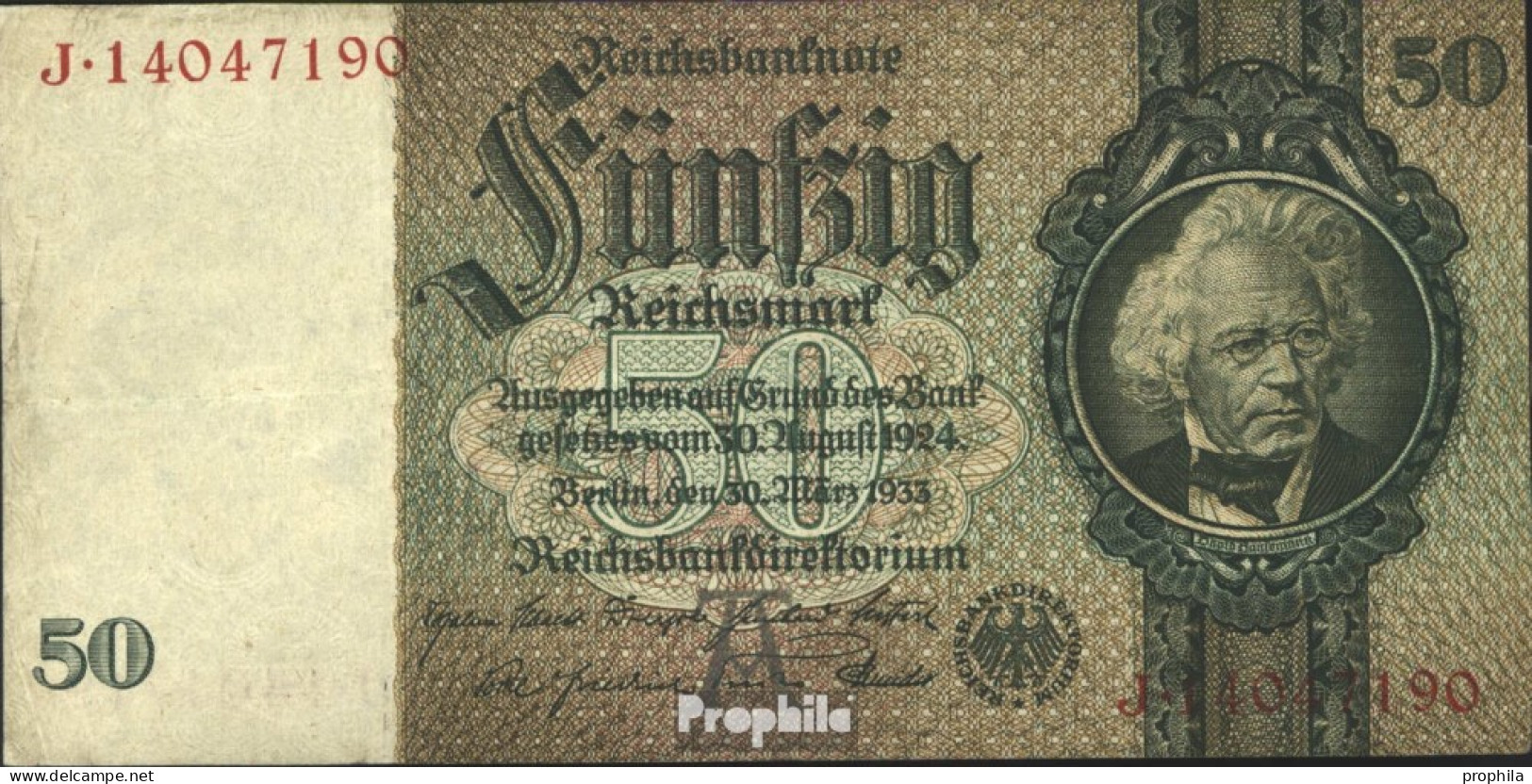 Deutsches Reich Rosenbg: 175b, Udr.-Bst.: A, Serien: F-K, KN 8-stellig Gebraucht (III) 1933 50 Reichsmark - 50 Reichsmark